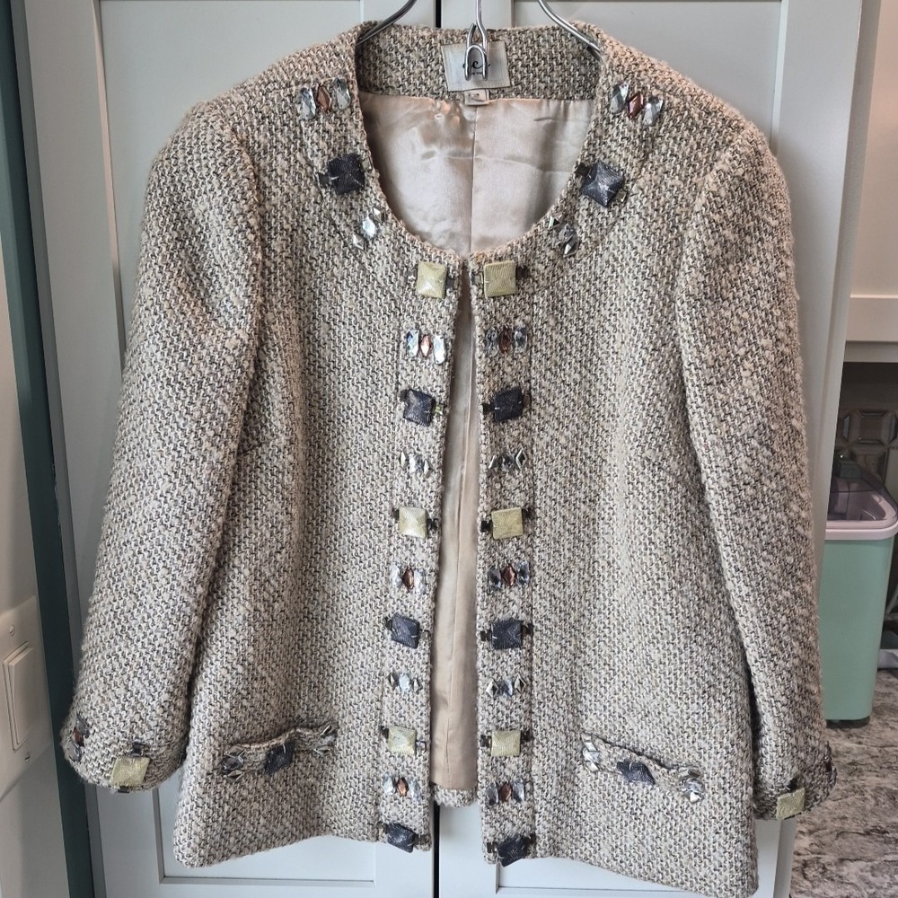Vintage Eci Womens Beige Jacket With Rhinestones Sz 6
